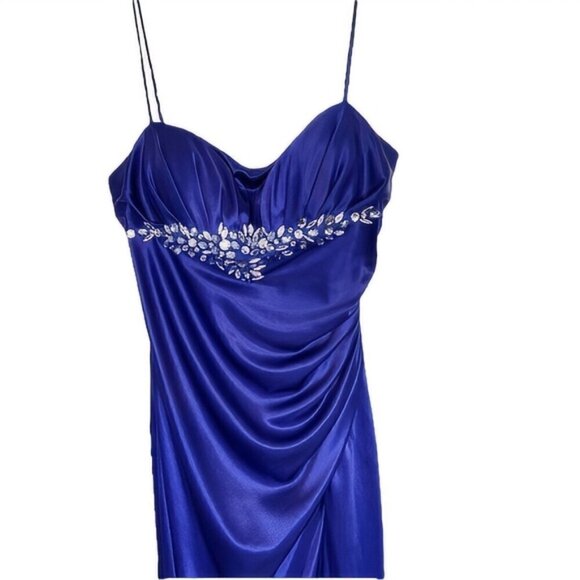 Reign On Bright Navy Blue Satin Speghetti Strap Formal Dress with Rhinestones L - Picture 5 of 9